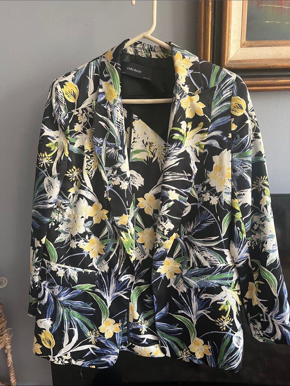 Zara Black Floral Blazer with Yellow & Green Accents